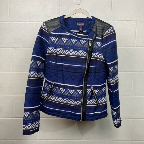 NWT Long Tall Sally Aztec Print Biker Jacket Women's 6 Blue Black Pockets Zipper - Picture 1 of 9